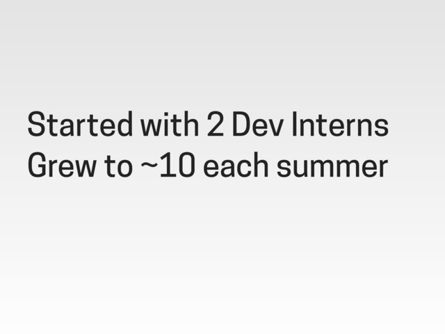 Started with 2 Dev Interns
Grew to ~10 each summer
