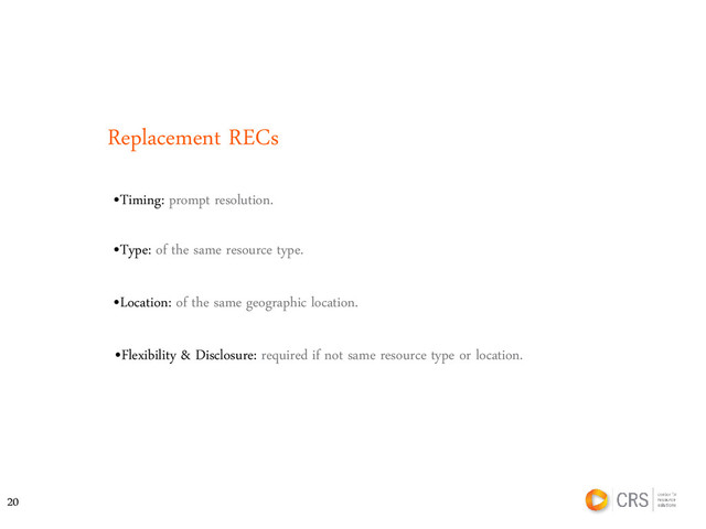 Replacement RECs
•Type: of the same resource type.
•Timing: prompt resolution.
•Flexibility & Disclosure: required if not same resource type or location.
•Location: of the same geographic location.
20
