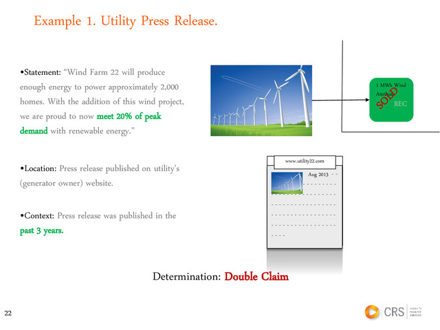 •Statement: “Wind Farm 22 will produce
enough energy to power approximately 2,000
homes. With the addition of this wind project,
we are proud to now meet 20% of peak
demand with renewable energy.”
Example 1. Utility Press Release.
Determination: Double Claim
1 MWh Wind
Attribute
REC
- - - - - - Aug 2013 - -
- - - - - - - - - - - - - - -
- - - - - - - - - - - - - - - - -
- - - - - - - - - - - - - - - - -
- - - - - - - - - - - - - - - - -
- - - - - - - - - - - - - - - - -
- - - -
www.utility22.com
•Context: Press release was published in the
past 3 years.
•Location: Press release published on utility’s
(generator owner) website.
22
