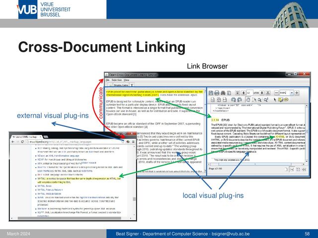 Beat Signer - Department of Computer Science - bsigner@vub.ac.be 58
February 2023
Cross-Document Linking
local visual plug-ins
external visual plug-ins
communicate
Link Browser
