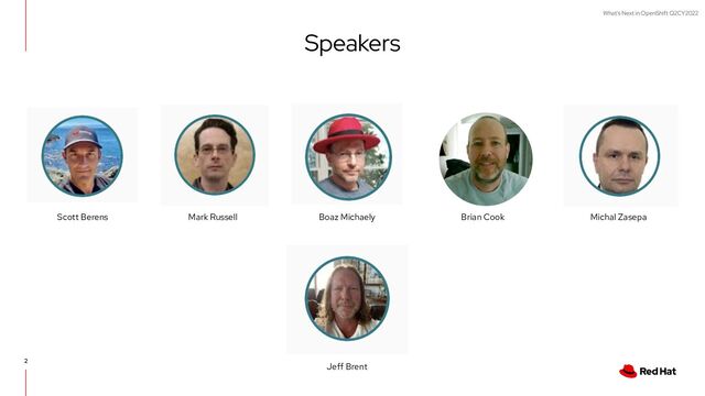 What's Next in OpenShift Q2CY2022
2
Speakers
Scott Berens Mark Russell Boaz Michaely Brian Cook
Jeff Brent
Michal Zasepa
