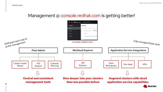 What's Next in OpenShift Q2CY2022
24
Management @ console.redhat.com is getting better!
Fleet Admin Workload Explorer Application Service Integrations
Cloud services
Shift past read-only to
active management console.redhat.com
Dive deeper into your clusters
than was possible before
Cluster Create
Wizard
Augment clusters with cloud
application service capabilities
Central and consistent
management tools
xKS
Support
Capacity
Planning
API
Explorer
Team
Workspaces
Your Apps APIs
Fully managed Kube tools
