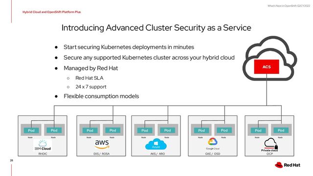 What's Next in OpenShift Q2CY2022
Node Node
Pod Pod
● Start securing Kubernetes deployments in minutes
● Secure any supported Kubernetes cluster across your hybrid cloud
● Managed by Red Hat
○ Red Hat SLA
○ 24 x 7 support
● Flexible consumption models
Hybrid Cloud and OpenShift Platform Plus
Introducing Advanced Cluster Security as a Service
28
ACS
Node Node
Pod Pod
Node Node
Pod Pod
Node Node
Pod Pod
Private cloud
Node Node
Pod Pod
EKS / ROSA AKS / ARO GKE / OSD
RHOIC OCP
