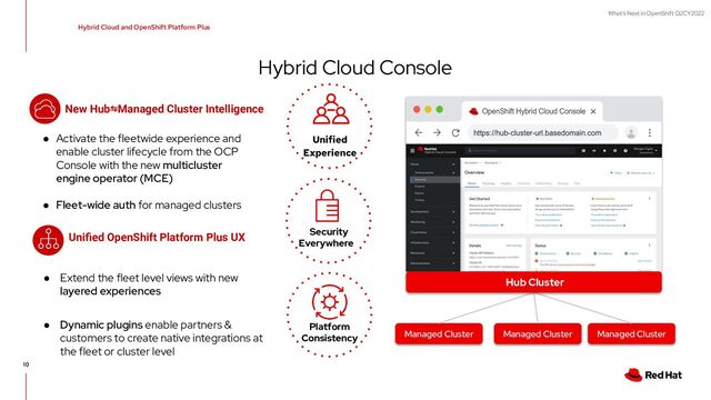 What's Next in OpenShift Q2CY2022
Hybrid Cloud Console
10
Managed Cluster Managed Cluster
Managed Cluster
● Extend the fleet level views with new
layered experiences
● Dynamic plugins enable partners &
customers to create native integrations at
the fleet or cluster level
Hub Cluster
● Activate the fleetwide experience and
enable cluster lifecycle from the OCP
Console with the new multicluster
engine operator (MCE)
● Fleet-wide auth for managed clusters
Security
Everywhere
Platform
Consistency
Unified
Experience
New Hub⇆Managed Cluster Intelligence
Uniﬁed OpenShift Platform Plus UX
Hybrid Cloud and OpenShift Platform Plus
