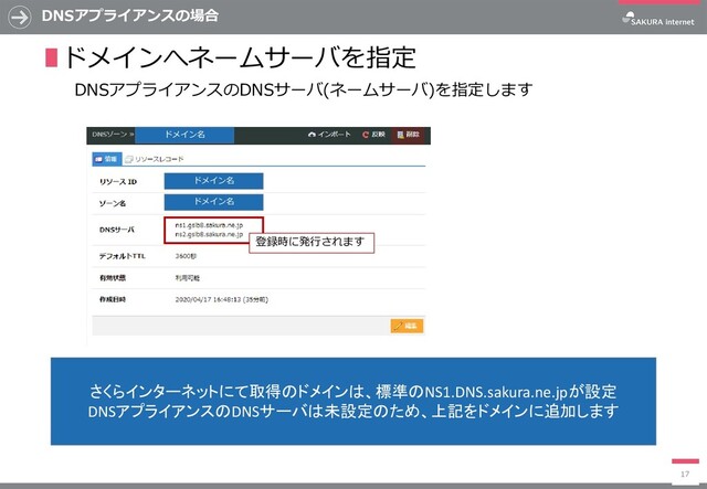 DNSアプライアンスの場合
17
さくらインターネットにて取得のドメインは、標準のNS1.DNS.sakura.ne.jpが設定
DNSアプライアンスのDNSサーバは未設定のため、上記をドメインに追加します
∎ドメインへネームサーバを指定
DNSアプライアンスのDNSサーバ(ネームサーバ)を指定します
ドメイン名
ドメイン名
ドメイン名
登録時に発行されます
