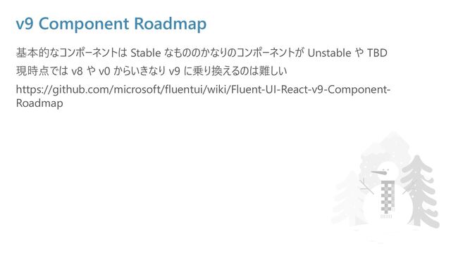 v9 Component Roadmap
基本的なコンポーネントは Stable なもののかなりのコンポーネントが Unstable や TBD
現時点では v8 や v0 からいきなり v9 に乗り換えるのは難しい
https://github.com/microsoft/fluentui/wiki/Fluent-UI-React-v9-Component-
Roadmap
