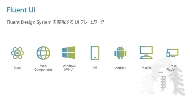 Fluent UI
Fluent Design System を実現する UI フレームワーク
React
Web
Components
Windows
(WinUI)
iOS Android
Cross
Platform
MacOS
