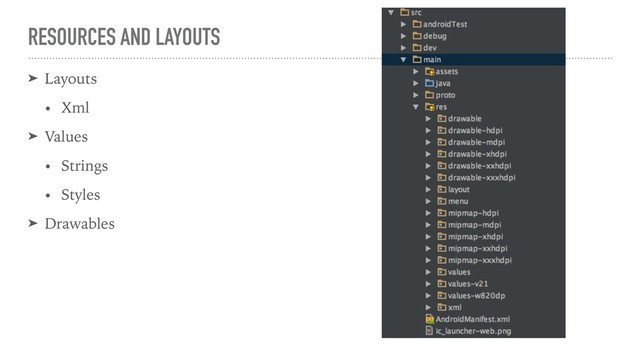 RESOURCES AND LAYOUTS
➤ Layouts
• Xml
➤ Values
• Strings
• Styles
➤ Drawables
