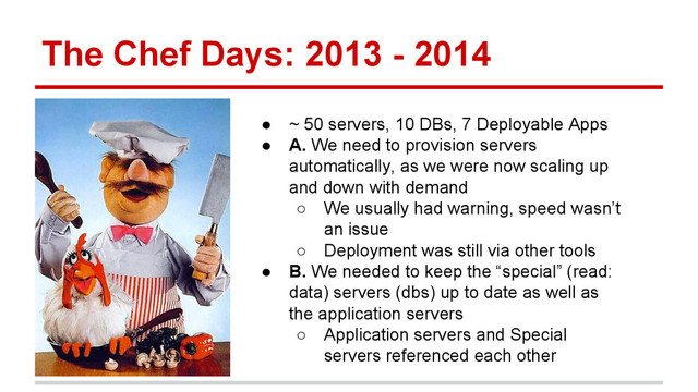 The Chef Days: 2013 - 2014
● ~ 50 servers, 10 DBs, 7 Deployable Apps
● A. We need to provision servers
automatically, as we were now scaling up
and down with demand
○ We usually had warning, speed wasn’t
an issue
○ Deployment was still via other tools
● B. We needed to keep the “special” (read:
data) servers (dbs) up to date as well as
the application servers
○ Application servers and Special
servers referenced each other

