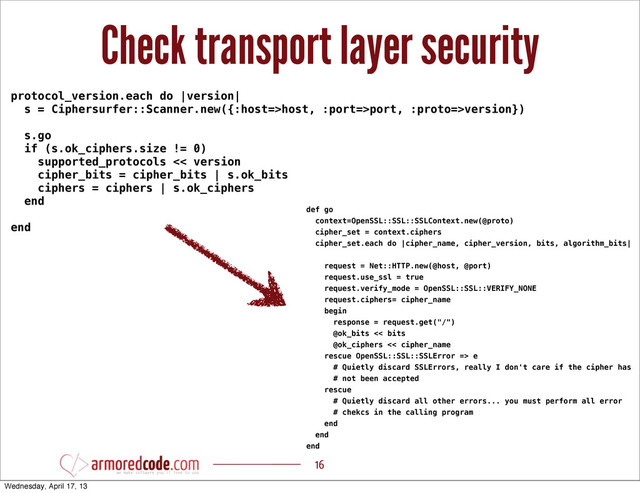 Check transport layer security
16
def go
context=OpenSSL::SSL::SSLContext.new(@proto)
cipher_set = context.ciphers
cipher_set.each do |cipher_name, cipher_version, bits, algorithm_bits|
request = Net::HTTP.new(@host, @port)
request.use_ssl = true
request.verify_mode = OpenSSL::SSL::VERIFY_NONE
request.ciphers= cipher_name
begin
response = request.get("/")
@ok_bits << bits
@ok_ciphers << cipher_name
rescue OpenSSL::SSL::SSLError => e
# Quietly discard SSLErrors, really I don't care if the cipher has
# not been accepted
rescue
# Quietly discard all other errors... you must perform all error
# chekcs in the calling program
end
end
end
protocol_version.each do |version|
s = Ciphersurfer::Scanner.new({:host=>host, :port=>port, :proto=>version})
s.go
if (s.ok_ciphers.size != 0)
supported_protocols << version
cipher_bits = cipher_bits | s.ok_bits
ciphers = ciphers | s.ok_ciphers
end
end
Wednesday, April 17, 13

