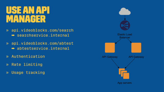 Use an API
Manager
» api.videoblocks.com/search
➡ searchservice.internal
» api.videoblocks.com/abtest
➡ abtestservice.internal
» Authentication
» Rate limiting
» Usage tracking
