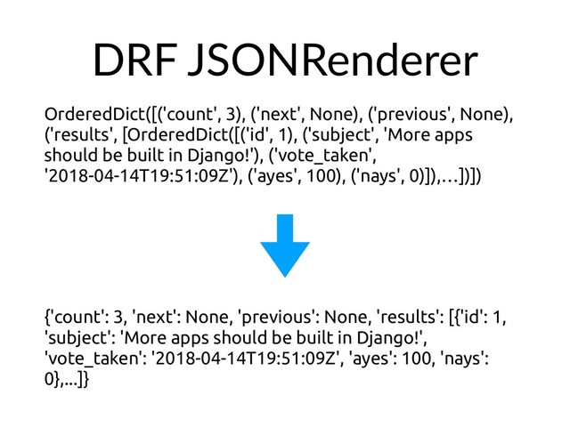 DRF JSONRenderer
OrderedDict([('count', 3), ('next', None), ('previous', None),
('results', [OrderedDict([('id', 1), ('subject', 'More apps
should be built in Django!'), ('vote_taken',
'2018-04-14T19:51:09Z'), ('ayes', 100), ('nays', 0)]),…])])
{'count': 3, 'next': None, 'previous': None, 'results': [{'id': 1,
'subject': 'More apps should be built in Django!',
'vote_taken': '2018-04-14T19:51:09Z', 'ayes': 100, 'nays':
0},...]}
