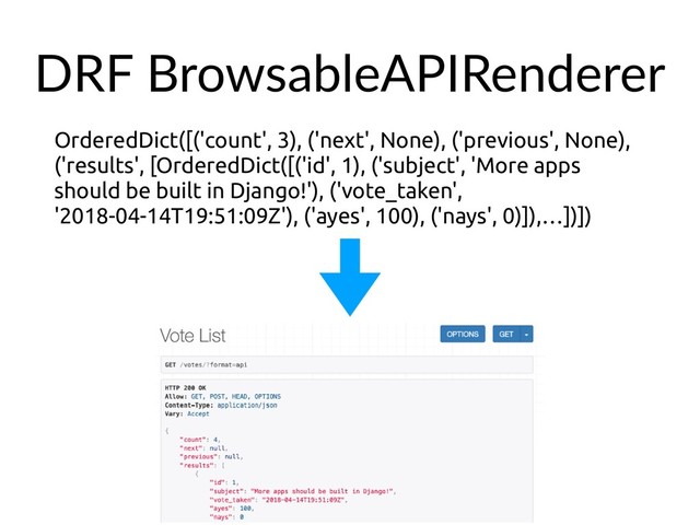 DRF BrowsableAPIRenderer
OrderedDict([('count', 3), ('next', None), ('previous', None),
('results', [OrderedDict([('id', 1), ('subject', 'More apps
should be built in Django!'), ('vote_taken',
'2018-04-14T19:51:09Z'), ('ayes', 100), ('nays', 0)]),…])])
