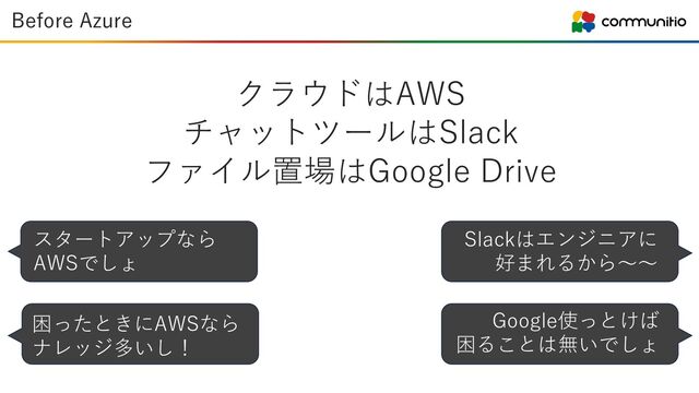 Before Azure
スタートアップなら
AWSでしょ
困ったときにAWSなら
ナレッジ多いし！
Slackはエンジニアに
好まれるから〜〜
Google使っとけば
困ることは無いでしょ
クラウドはAWS
チャットツールはSlack
ファイル置場はGoogle Drive
