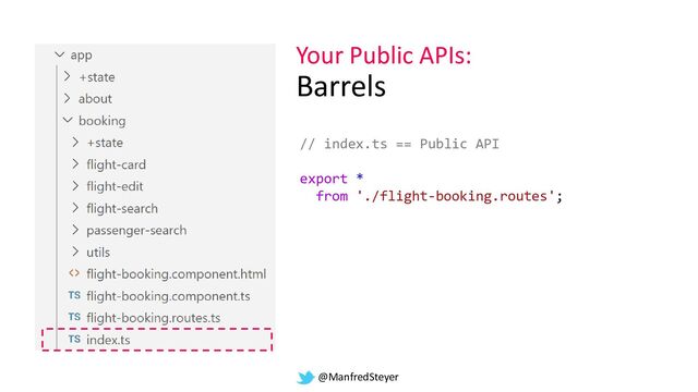 @ManfredSteyer
Your Public APIs:
Barrels
// index.ts == Public API
export *
from './flight-booking.routes';
