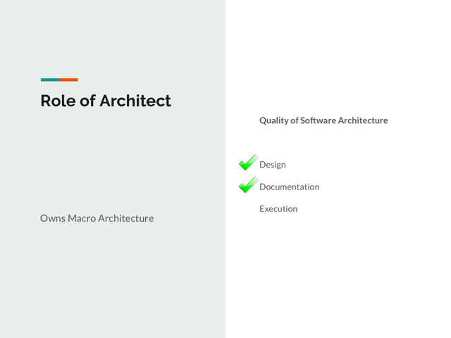 Role of Architect
Owns Macro Architecture
Quality of Software Architecture
Design
Documentation
Execution
