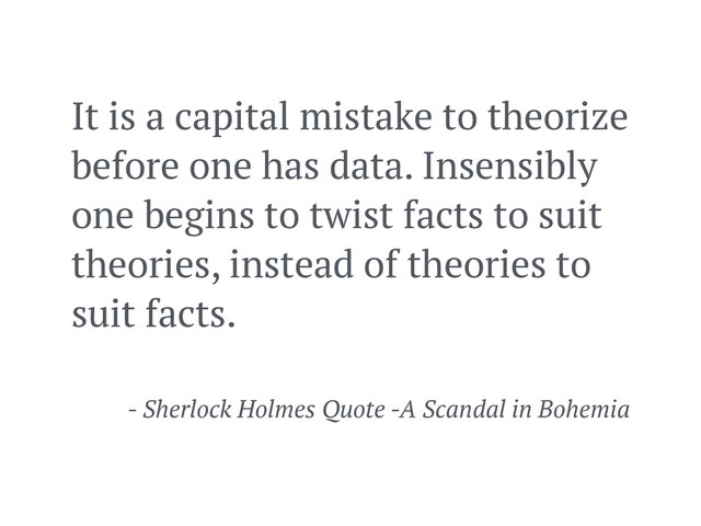 It is a capital mistake to theorize
before one has data. Insensibly
one begins to twist facts to suit
theories, instead of theories to
suit facts.
- Sherlock Holmes Quote -A Scandal in Bohemia
