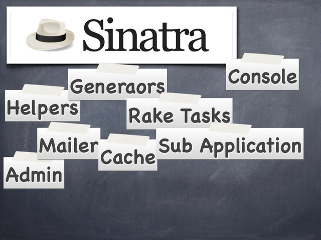 Sinatra
Helpers
Generaors
Rake Tasks
Console
Admin
Mailer
Cache
Sub Application
