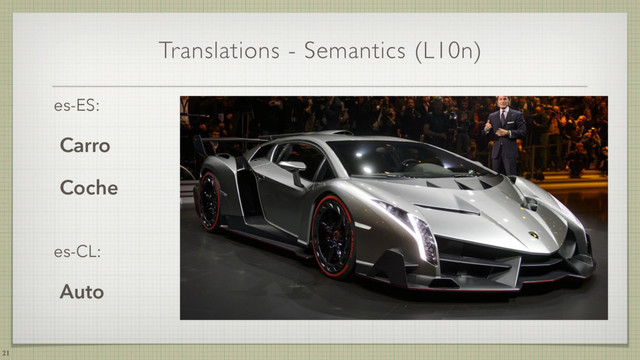 Translations - Semantics (L10n)
21
es-ES:
Carro
Coche
es-CL:
Auto
