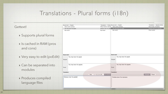 Translations - Plural forms (i18n)
29
Gettext!
‣ Supports plural forms
‣ Is cached in RAM (pros
and cons)
‣ Very easy to edit (poEdit)
‣ Can be separated into
modules
‣ Produces compiled
language ﬁles
