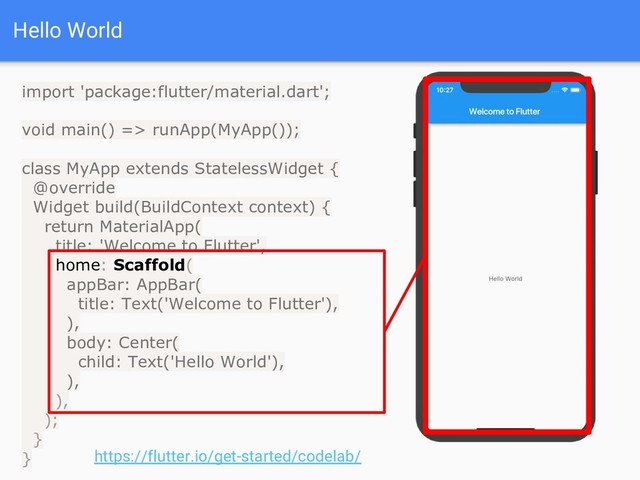 Hello World
import 'package:flutter/material.dart';
void main() => runApp(MyApp());
class MyApp extends StatelessWidget {
@override
Widget build(BuildContext context) {
return MaterialApp(
title: 'Welcome to Flutter',
home: Scaffold(
appBar: AppBar(
title: Text('Welcome to Flutter'),
),
body: Center(
child: Text('Hello World'),
),
),
);
}
} https://flutter.io/get-started/codelab/
