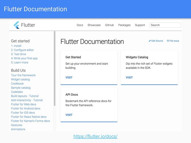 Flutter Documentation
https://flutter.io/docs/
