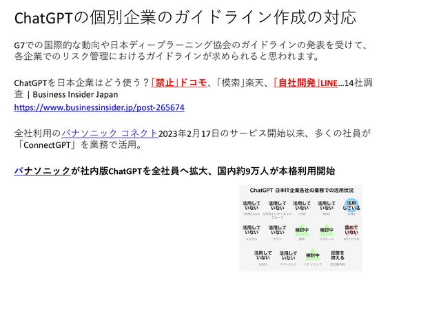 ChatGPTの個別企業のガイドライン作成の対応
G7での国際的な動向や日本ディープラーニング協会のガイドラインの発表を受けて、
各企業でのリスク管理におけるガイドラインが求められると思われます。
ChatGPTを日本企業はどう使う？｢禁止｣ドコモ、｢模索｣楽天、｢自社開発｣LINE…14社調
査 | Business Insider Japan
h ps://www.businessinsider.jp/post-265674　
全社利用のパナソニック コネクト2023年2月17日のサービス開始以来、多くの社員が
「ConnectGPT」を業務で活用。
パナソニックが社内版ChatGPTを全社員へ拡大、国内約9万人が本格利用開始
