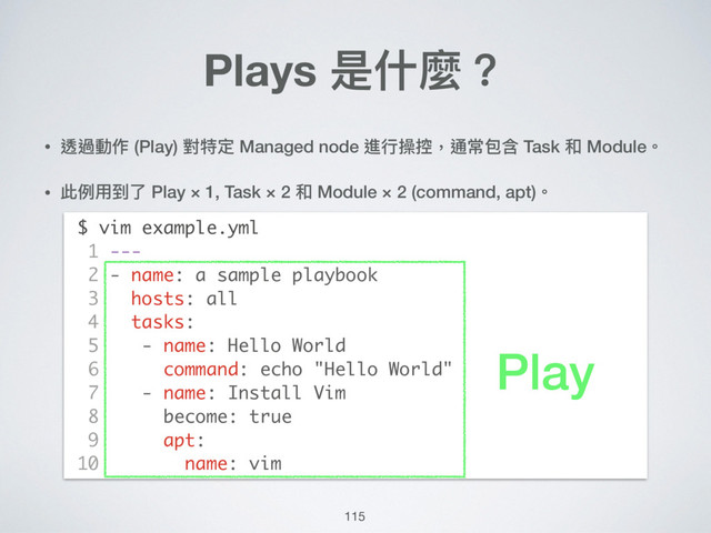 115
• 透過動作 (Play) 對特定 Managed node 進⾏行行操控，通常包含 Task 和 Module。
• 此例例⽤用到了了 Play × 1, Task × 2 和 Module × 2 (command, apt)。 
 
 
 
 
 
 
 
 
 
 
 
 
Plays 是什什麼？
$ vim example.yml
1 ---
2 - name: a sample playbook
3 hosts: all
4 tasks:
5 - name: Hello World
6 command: echo "Hello World"
7 - name: Install Vim
8 become: true
9 apt:
10 name: vim
Play
