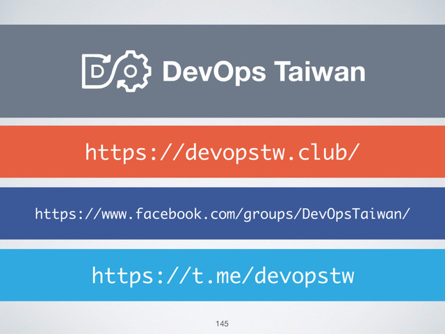 https://t.me/devopstw
https://www.facebook.com/groups/DevOpsTaiwan/
https://devopstw.club/
DevOps Taiwan
145
