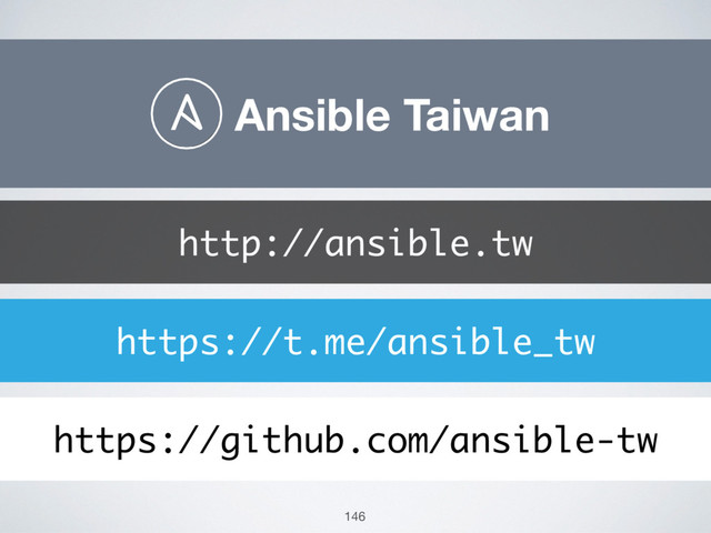 Ansible Taiwan
https://t.me/ansible_tw
https://github.com/ansible-tw
http://ansible.tw
146
