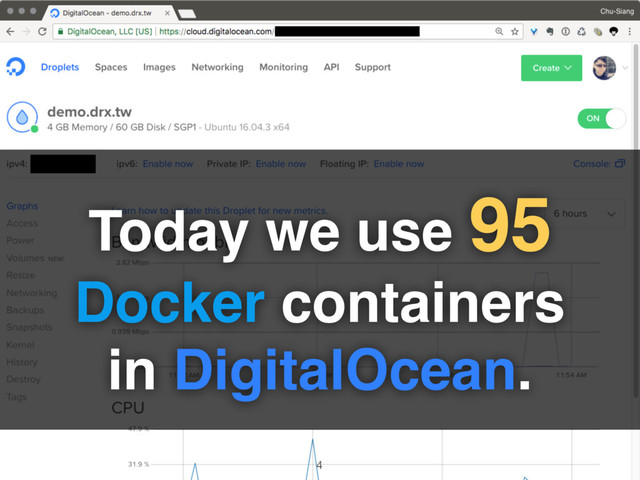 Today we use 95
Docker containers
in DigitalOcean.
4
