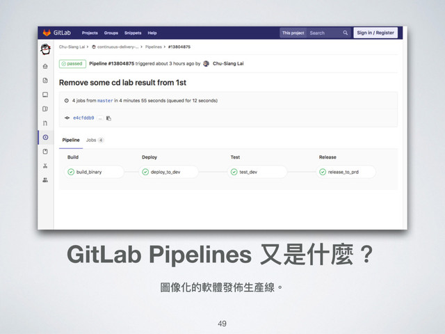 GitLab Pipelines ⼜又是什什麼？
圖像化的軟體發佈⽣生產線。
49
