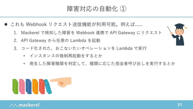 31
障害対応の⾃動化 ①
l これも Webhook リクエスト送信機能が利⽤可能。例えば......
1. Mackerel で検知した障害を Webhook 連携で API Gateway にリクエスト
2. API Gateway から任意の Lambda を起動
3. コード化された、おこないたいオペレーションを Lambda で実⾏
• インスタンスの強制再起動をするとか
• 発⽣した障害種類を判定して、種類に応じた担当者呼び出しを実⾏するとか
