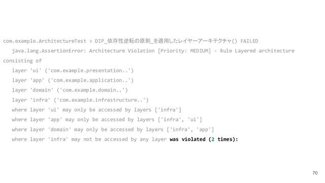 70
com.example.ArchitectureTest > DIP_依存性逆転の原則_を適用したレイヤーアーキテクチャ() FAILED
java.lang.AssertionError: Architecture Violation [Priority: MEDIUM] - Rule Layered architecture
consisting of
layer 'ui' ('com.example.presentation..')
layer 'app' ('com.example.application..')
layer 'domain' ('com.example.domain..')
layer 'infra' ('com.example.infrastructure..')
where layer 'ui' may only be accessed by layers ['infra']
where layer 'app' may only be accessed by layers ['infra', 'ui']
where layer 'domain' may only be accessed by layers ['infra', 'app']
where layer 'infra' may not be accessed by any layer was violated (2 times):
