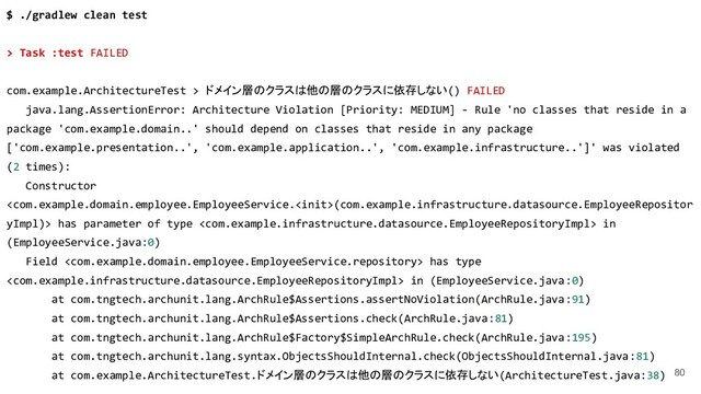 80
$ ./gradlew clean test
> Task :test FAILED
com.example.ArchitectureTest > ドメイン層のクラスは他の層のクラスに依存しない() FAILED
java.lang.AssertionError: Architecture Violation [Priority: MEDIUM] - Rule 'no classes that reside in a
package 'com.example.domain..' should depend on classes that reside in any package
['com.example.presentation..', 'com.example.application..', 'com.example.infrastructure..']' was violated
(2 times):
Constructor
(com.example.infrastructure.datasource.EmployeeRepositor
yImpl)> has parameter of type  in
(EmployeeService.java:0)
Field  has type
 in (EmployeeService.java:0)
at com.tngtech.archunit.lang.ArchRule$Assertions.assertNoViolation(ArchRule.java:91)
at com.tngtech.archunit.lang.ArchRule$Assertions.check(ArchRule.java:81)
at com.tngtech.archunit.lang.ArchRule$Factory$SimpleArchRule.check(ArchRule.java:195)
at com.tngtech.archunit.lang.syntax.ObjectsShouldInternal.check(ObjectsShouldInternal.java:81)
at com.example.ArchitectureTest.ドメイン層のクラスは他の層のクラスに依存しない(ArchitectureTest.java:38)
