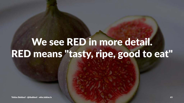 We#see#RED#in#more#detail.
RED#means#"tasty,#ripe,#good#to#eat"
Tobias'Baldauf'-'@tbaldauf'-'who.tobias.is 65
