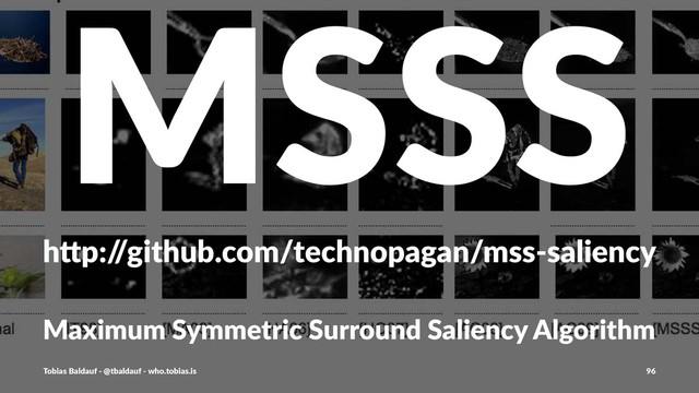 MSSS
h"p:/
/github.com/technopagan/mss3saliency
Maximum'Symmetric'Surround'Saliency'Algorithm
Tobias'Baldauf'-'@tbaldauf'-'who.tobias.is 96
