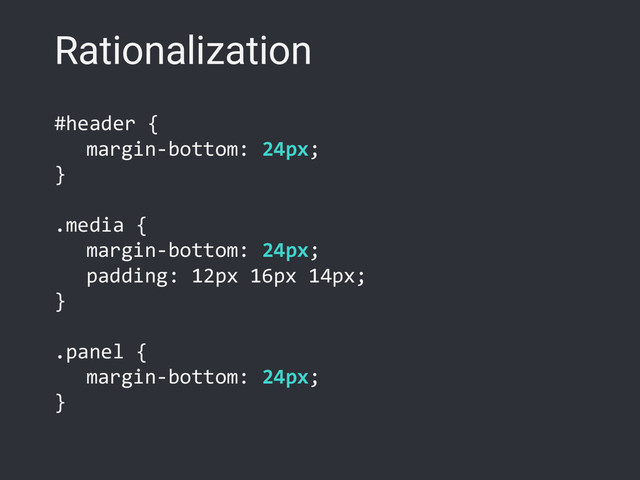 Rationalization
#header {
margin-bottom: 24px;
}
.media {
margin-bottom: 24px;
padding: 12px 16px 14px;
}
.panel {
margin-bottom: 24px;
}
