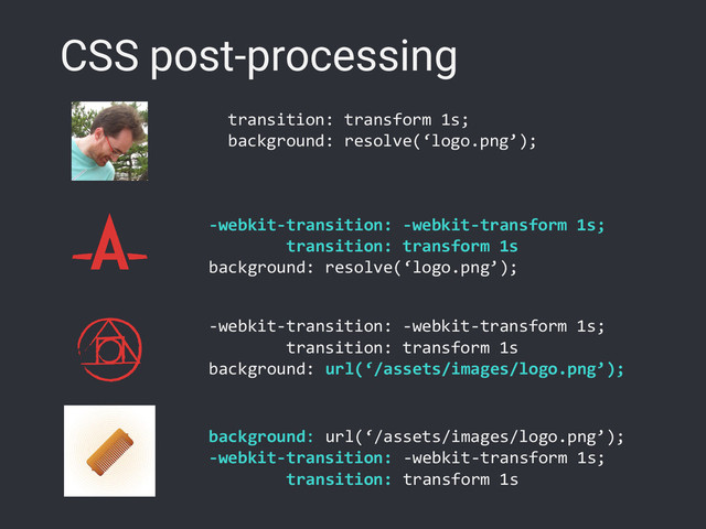 -webkit-transition: -webkit-transform 1s;
transition: transform 1s
background: resolve(‘logo.png’);
-webkit-transition: -webkit-transform 1s;
transition: transform 1s
background: url(‘/assets/images/logo.png’);
transition: transform 1s;
background: resolve(‘logo.png’);
background: url(‘/assets/images/logo.png’);
-webkit-transition: -webkit-transform 1s;
transition: transform 1s
CSS post-processing
