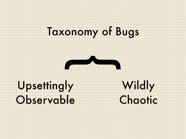 Taxonomy of Bugs
Upsettingly
Observable
Wildly
Chaotic
{
