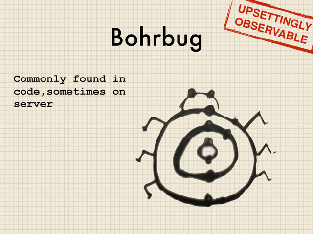 Bohrbug
Commonly found in
code,sometimes on
server
UPSETTINGLY
OBSERVABLE
