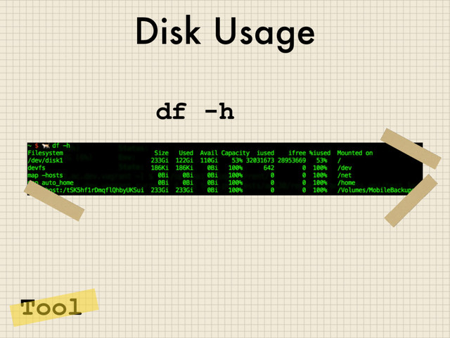 Disk Usage
Tool
df -h
