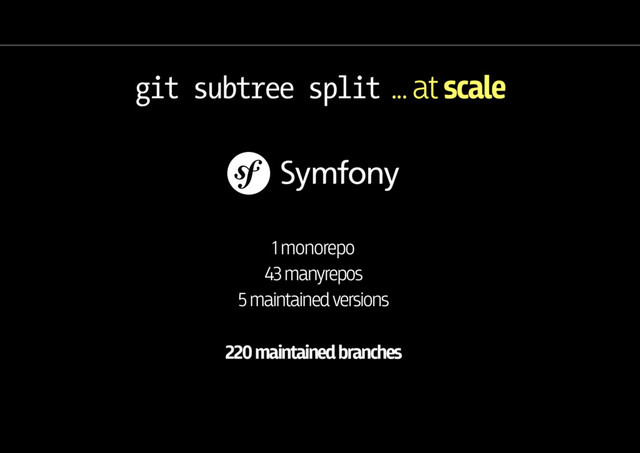 ... at scale
git subtree split
1 monorepo
43 manyrepos
5 maintained versions
220 maintained branches
