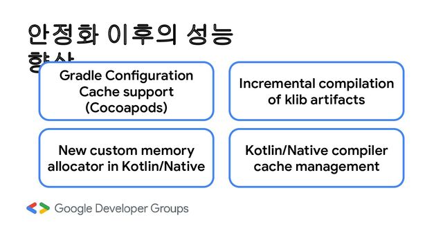 안정화 이후의 성능
향상
Gradle Configuration
Cache support
(Cocoapods)
Incremental compilation
of klib artifacts
New custom memory
allocator in Kotlin/Native
Kotlin/Native compiler
cache management
