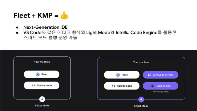 Fleet + KMP = 👍
● Next-Generation IDE
● VS Code와 같은 에디터 형식의 Light Mode와 IntelliJ Code Engine을 활용한
스마트 모드 병행 운영 가능
