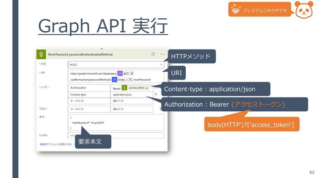 Graph API 実行
HTTPメソッド
URI
Authorization : Bearer {アクセストークン}
要求本文
Content-type : application/json
body(HTTP')?['access_token']
62
プレミアムコネクタです

