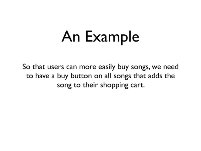 An Example
So that users can more easily buy songs, we need
to have a buy button on all songs that adds the
song to their shopping cart.
