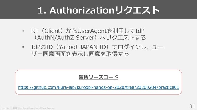 Copyright (C) 2020 Yahoo Japan Corporation. All Rights Reserved.
1. Authorizationリクエスト
31
• RP（Client）からUserAgentを利⽤してIdP
（AuthN/AuthZ Server）へリクエストする
• IdPのID（Yahoo! JAPAN ID）でログインし、ユー
ザー同意画⾯を表⽰し同意を取得する
https://github.com/kura-lab/kuroobi-hands-on-2020/tree/20200204/practice01
演習ソースコード
