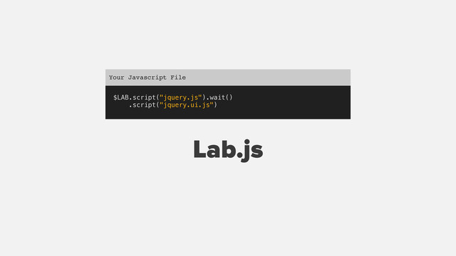 $LAB.script("jquery.js").wait()
.script("jquery.ui.js")
Your Javascript File
Lab.js
