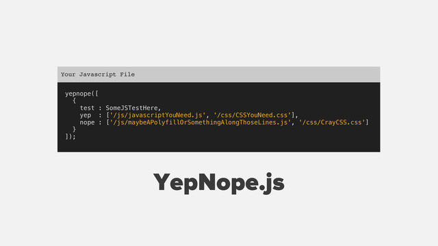 yepnope([
{
test : SomeJSTestHere,
yep : ['/js/javascriptYouNeed.js', '/css/CSSYouNeed.css'],
nope : ['/js/maybeAPolyfillOrSomethingAlongThoseLines.js', '/css/CrayCSS.css']
}
]);
Your Javascript File
YepNope.js
